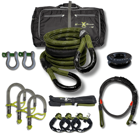 Complete Titan Recovery Kit with kinetic ropes, shackles, bridle, soft shackles, snatch ring, and gear bag for off-road vehicle recovery